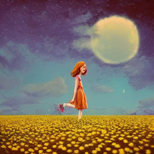 Image similar to giant daisy flower as a head, girl walking in flower field, surreal photography, night moon light, dramatic, impressionist painting, clouds, digital painting, artstation, simon stalenhag