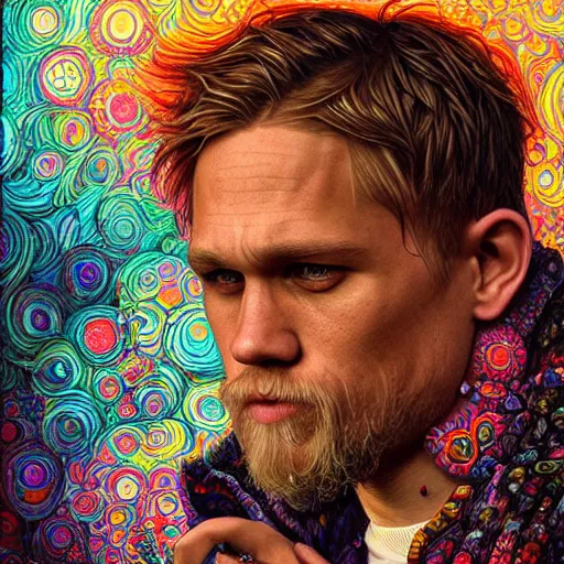 Image similar to portrait of charlie hunnam, hyper detailed masterpiece, neon floral pattern, jean giraud, digital art painting, darkwave goth aesthetic, psychedelic, artgerm, donato giancola and tom bagshaw