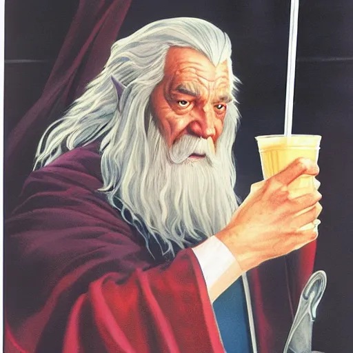 Prompt: comic book cover for'gandalf drinking a milkshake ', art by alex ross