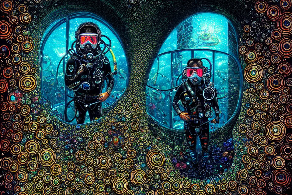 Image similar to detailed portrait of a cyberpunk scuba diver inside a dmt portal by james r eads and tomasz alen kopera