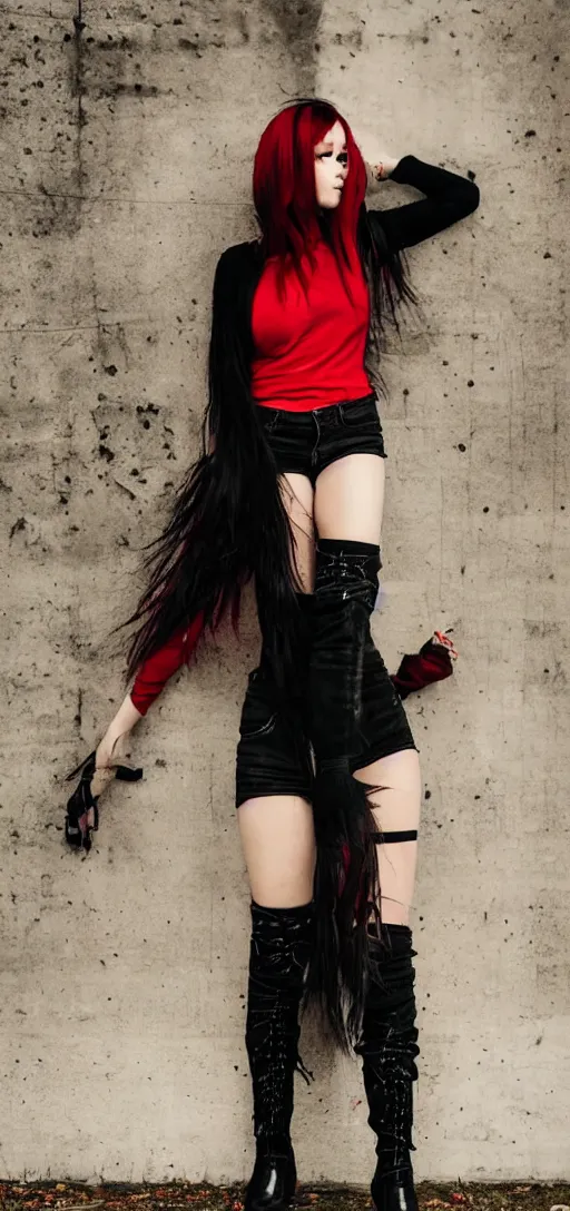 Prompt: Grunge Girl with red and black hair, tall black boots, grunge, photography, full-body, head to toe