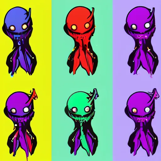 Image similar to character design sheets for a new sinister vampire squid character, artwork in the style of splatoon from nintendo, art by tim schafer from double fine studios, black light, neon, spray paint, punk outfit, tall thin toothpick like frame, adult character, fully clothed, color explosion, spray paint, colorful, gothic rainbow, sparkles and glitter, pop art