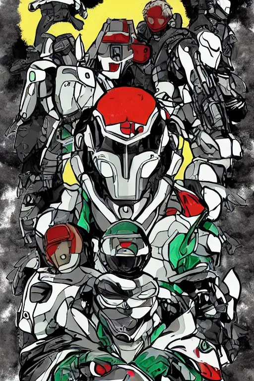 Image similar to ranger power colored mecha ninja mask helmet metal gear solid artic suit swat commando andy warhol style style mullins craig and keane glen and apterus sabbas and guay rebecca and demizu posuka