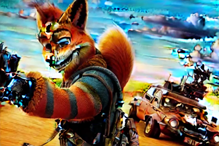 Image similar to nick wilde, heavily armed and armored facing down armageddon in a dark and gritty reboot from the makers of mad max : fury road : witness me