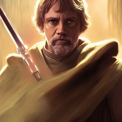 Image similar to luke skywalker grand master jedi from legends books, jedi from star wars, intricate detailed face, artgerm, greg rutkowski, alphonse mucha