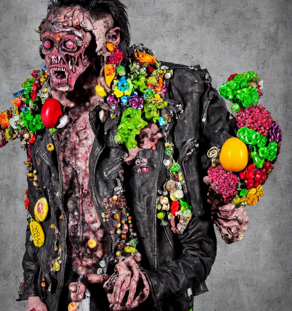Prompt: bodyshot of a zombie punk rock teenager, leather jacket, ripped jeans, head made of fruit gems and flowers in the style of arcimboldo, basil wolverton, street art, action figure, clay sculpture, claymation, wide angle zoom lens, dramatic stage spotlight lighting