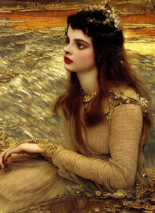 Prompt: intricately detailed preraphaelite photography portrait of a hybrid of judy garland and odeya rush, with a betty page fringe, sat down inside beautiful underwater train to atlantis, train aisle,, medieval dress yellow ochre, by ford madox brown william powell frith frederic leighton john william waterhouse hildebrandt william