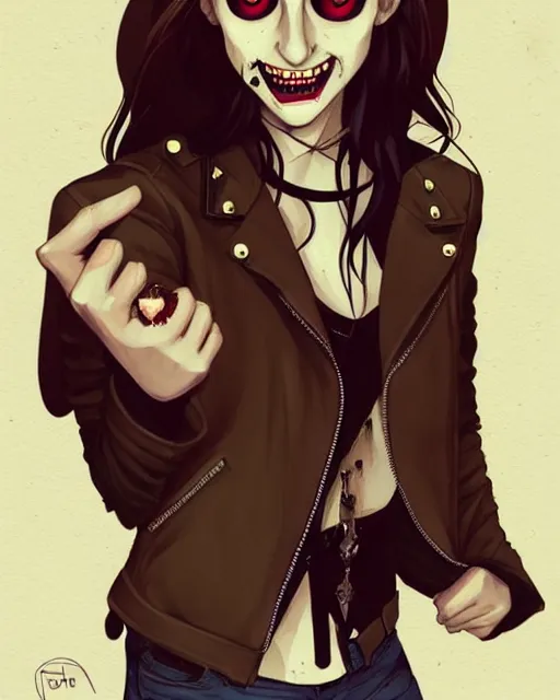 Prompt: pretty female Taissa Farmiga vampire, Jamie McKelvie comic art, Peter Mohrbacher, sharp vampire teeth, sarcastic smile showing teeth, symmetrical eyes, realistic face, symmetrical face, brown leather jacket, jeans, long black hair, full body