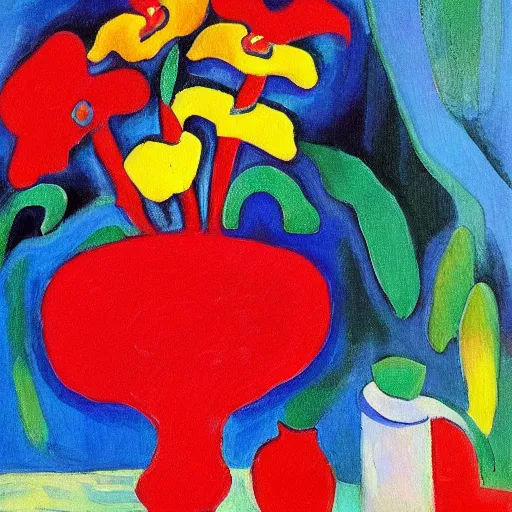 Image similar to a painting of red flowers in a blue vase, a gouache by tarsila do amaral, pinterest contest winner, fauvism, fauvism, oil on canvas, acrylic art