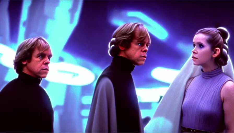 Image similar to screenshot portrait of Luke Skywalker and Princess Leia, facing off against an incredibly haunting female sith lord in white, on a sith planet of purple magic maelstrom, iconic scene from the 1970s sci fi thriller film by Stanley Kubrick, HR Geiger, stunning cinematography, hyper-detailed, sharp, anamorphic lenses, kodak color stock, 4k, stunning