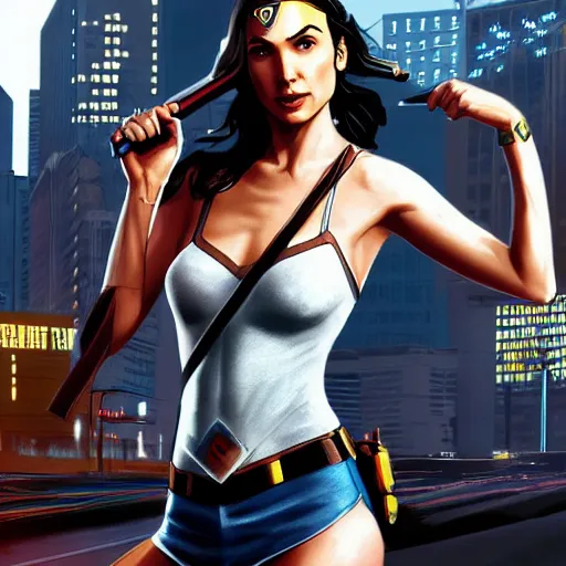 Prompt: gal gadot in gta v loading screen, cover art by stephen bliss, artstation, no text