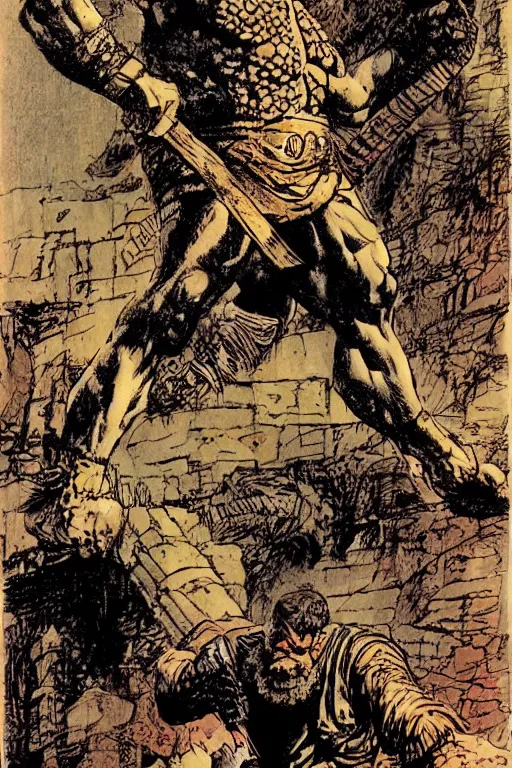 Image similar to ancient historically accurate depiction of the Bible Character Goliath of Gath, the Philistine warrior giant by frank miller