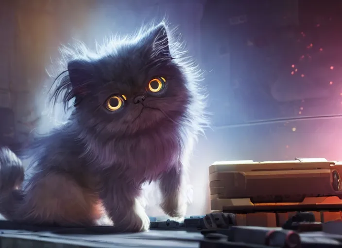 Prompt: low angle shot of a stretching persian cat wearing cyberpunk outfit on a mechanics workbench in a spaceport in a space opera studio ghibli animated film, volumetric lighting, octane render by anime, stanley artgerm lau, greg rutkowski, thomas kindkade, alphonse mucha, loish, norman rockwel, highly detailed