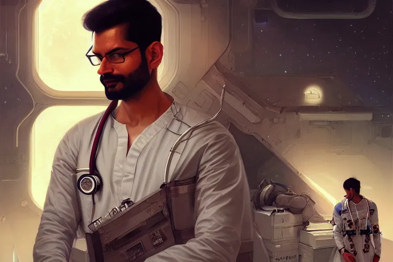 Image similar to Sensual good looking pale young Indian doctors wearing Deus Ex clothing in a space station above Earth, portrait, elegant, intricate, digital painting, artstation, concept art, smooth, sharp focus, illustration, art by artgerm and greg rutkowski and alphonse mucha