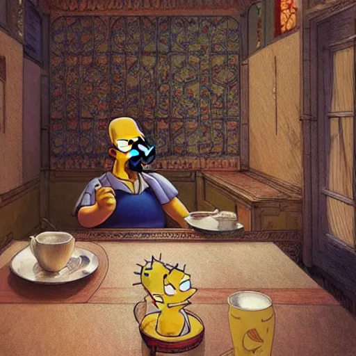 Image similar to Homer Simpson drinking tea in a Kurdish tea house, intricate, elegant, highly detailed, digital painting, artstation, concept art, matte, sharp focus, illustration, art by Artgerm and Greg Rutkowski and Enki Bilal