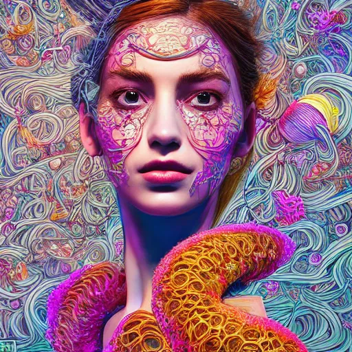 Image similar to the portrait of a ridiculously beautiful and elegant woman partially made of onion rings of all colors, an ultrafine detailed illustration by james jean, final fantasy, intricate linework, bright colors, behance contest winner, vanitas, angular, altermodern, unreal engine 5 highly rendered, global illumination, radiant light, detailed and intricate environment