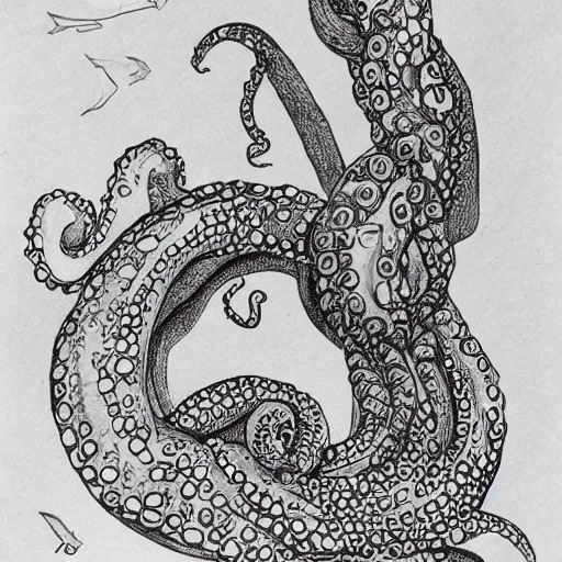 Image similar to octopus wrapped around a mermaid pinup, drawing