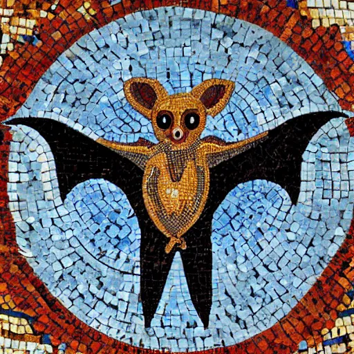 Prompt: medium shot Mosaic depicting a cute realistic adorable vampire bat big eyes, realistic wings, looking left, round blue background, from Italica, AD 176-275. Archaeological Museum, Seville. Byzantine mosaics, highly detailed, HQ, HD, beautiful, National Geographic,