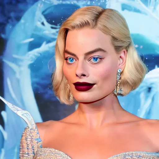 Image similar to Margot Robbie as Elsa in disney frozen live action, 8k full HD photo, cinematic lighting, anatomically correct, oscar award winning, action filled, correct eye placement,