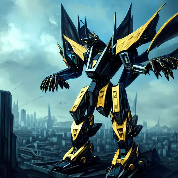 Prompt: cinematic shot, detailed handsome giant feral robot mecha dragon, sharp edged black armor, gold accents, sleek blue visor for eyes, two arms, two legs, two massive black wings on his back, looming over a city, epic shot, highly detailed art, 3D realistic, furry art, dragon art, feral art, macro art, furaffinity, DeviantArt, sofurry