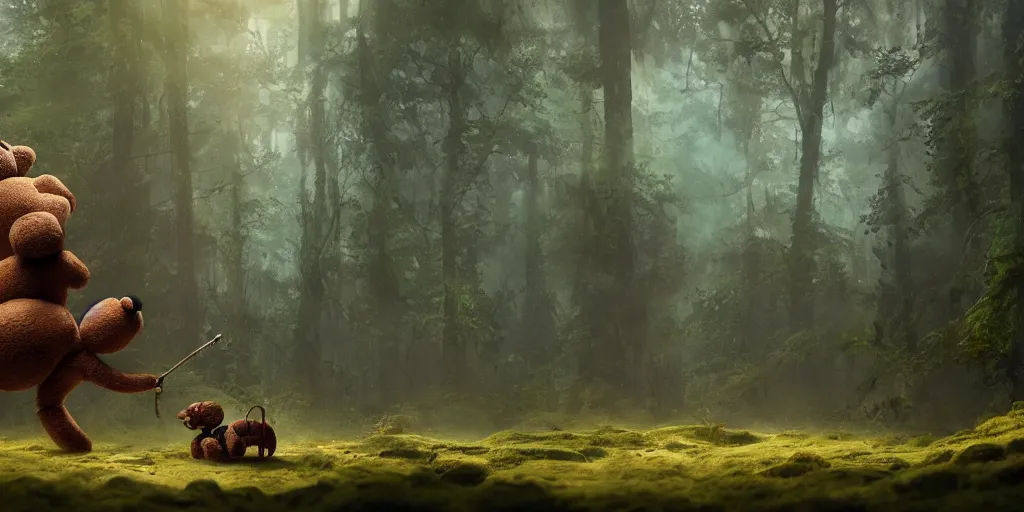 Prompt: a giant ant is riding a giant teddy bear in a forest, moody, cinematic light, matte painting, concept art, highly detailed, fantasy art, 8k