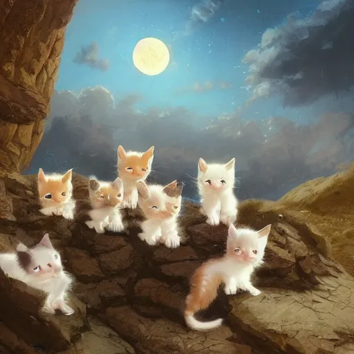 Prompt: A bunch of cute kittens,clear skies,Marc Simonetti and Caspar David Friedrich, Trending on artstation
