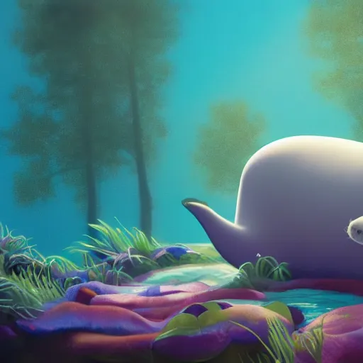 Image similar to Prince in pastel!!!!, **whimsical acrylic modern pop surrealism,** A seal sleeping peacefully in a kelp forest, **cinematic, hyper realistic, detailed, 8k, octane render**.