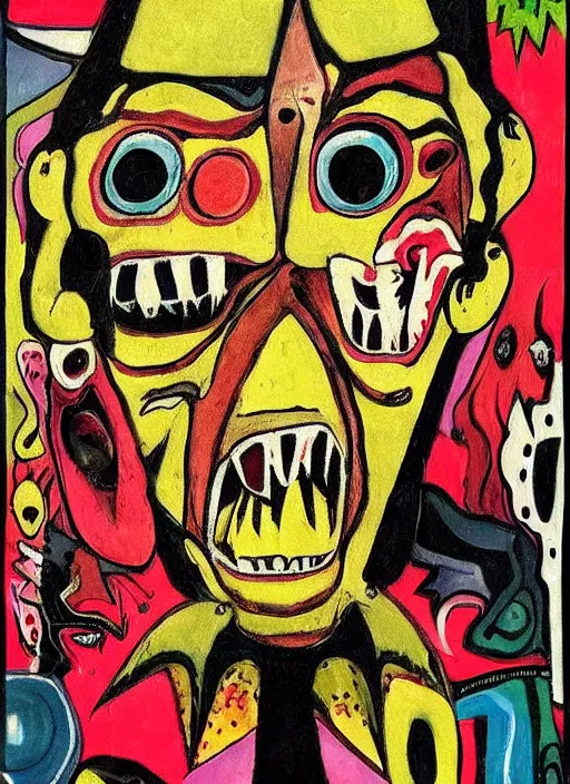 Prompt: a crazy horror portrait of art brut monster, which has weird stretched out eyes and a misshapen mouth, chaotic fulcolor background, art brut by a psycho man, color crazy outsider art bad painting