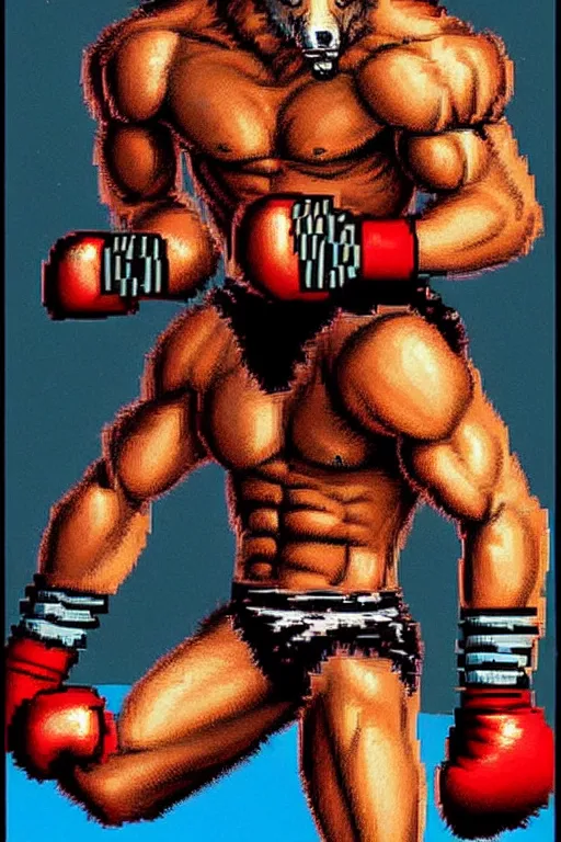 Image similar to extreme long shot. 8 bit nes graphics. antropomorphic muscular masculine wolf. kickboxer fighter, in shorts. wolf head. fine details, art from nes game cartridge, marc simonetti and hermann nitsch