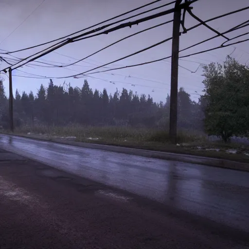 Image similar to drone fottage of an old abandoned road lsd colors, playstation 5 screenshot, fine details, rain, rtx reflections, soviet suburbs, fog, night, photorealistic, unreal engine, octane render, volumetric light, featured on cg society, 4 k, 5 0 mm bokeh