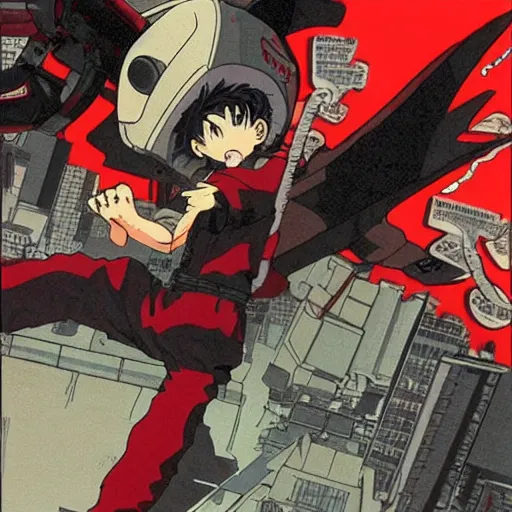 Image similar to an anime image in the style of akira, with a character leaping through the air, striking at a huge bat robot.