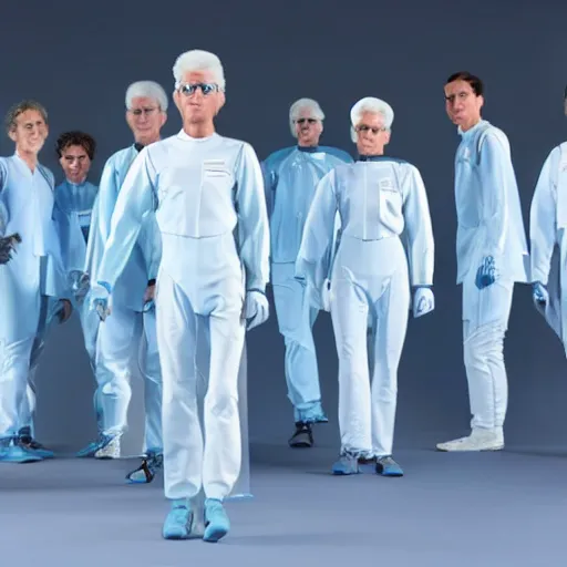 Prompt: troop of identical athletic humans with white hair wearing tight light blue neopren suits, in formation, futuristic chemistry lab, sci - fi, highly detailed, hyperrealistic