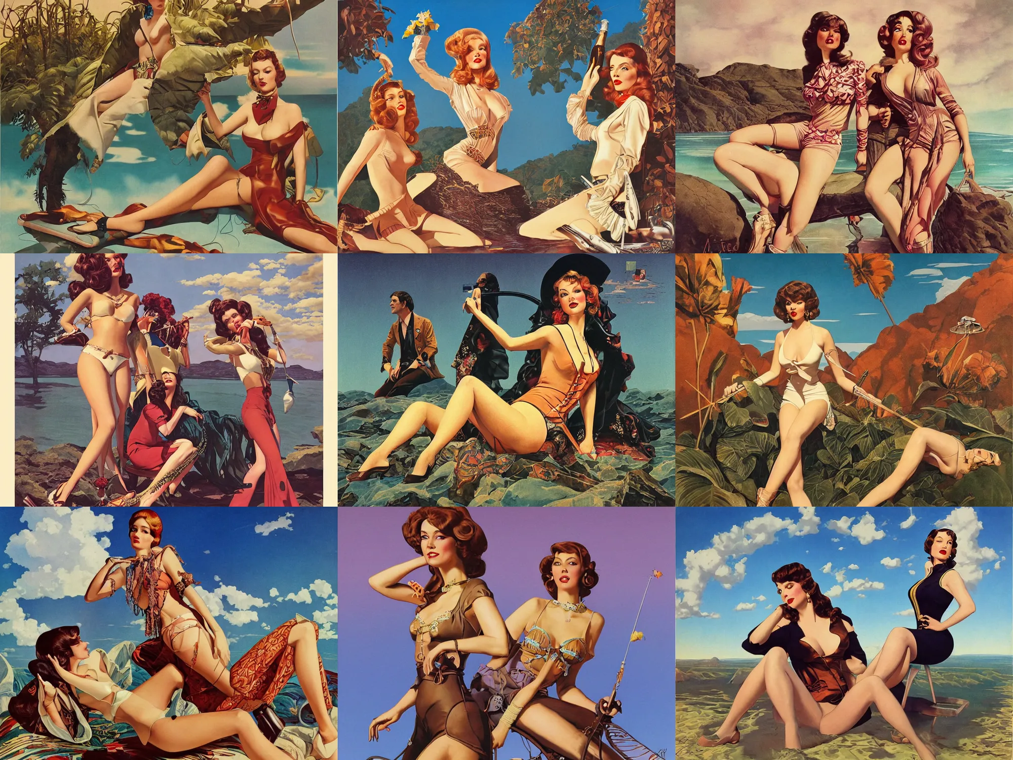 Prompt: pulp art, artwork by Joseph Leyendecker and Robert McGinnis and Alfred Henry Maurer, 3d octane blender render, Hipple and boho fashion 1970s, nature sky river, pin up girl, progressive rock album cover