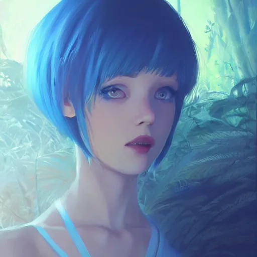 Image similar to ilya kuvshinov with blue hair, yellow irises, professional digital painting, concept art, unreal engine 5, 8 k, cinematic, wlop, tendrils in the background, art by greg rutkowski, pixiv art, junji ito, yoshitaka amano