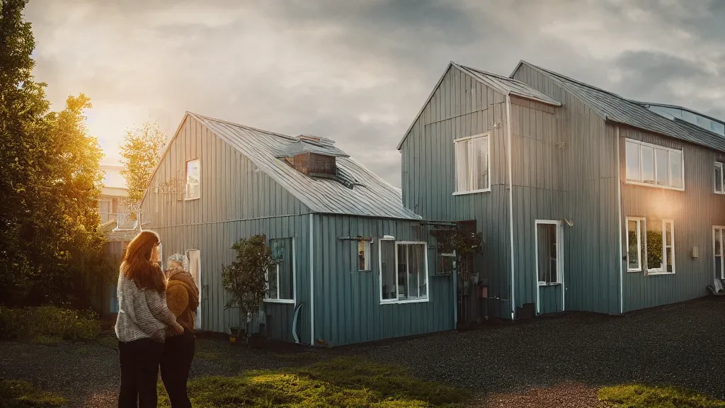 Image similar to a couple, green house, quiet street, reykjavik, sunset lighting, rim light, hyper realistic, cinematic frame