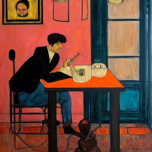 Image similar to a wide angle fine art painting of man with black hair using a weed grinder, rolling papers and a table lamp, high contrast, inspired by the styles of wes anderson, and egon schiele and ( edward hopper ), toned orange and pastel pink