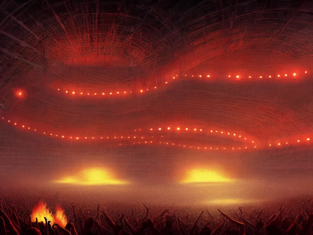 Image similar to a large concert stadium in hell, brightly lit stage centered and on fire, high contrast, stage lighting, pyrotechnics, ghibli animated film, volumetric lighting, octane render by stanley artgerm lau, greg rutkowski, thomas kindkade, alphonse mucha, loish, norman rockwel,