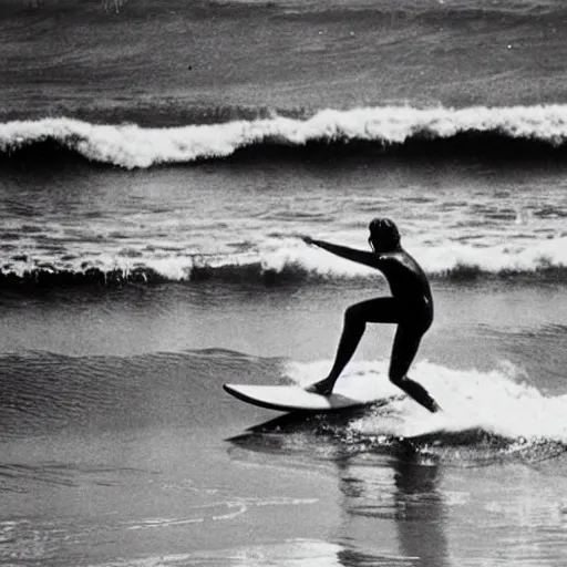 Image similar to 1960s photo of a surfer playing guitar on the waves