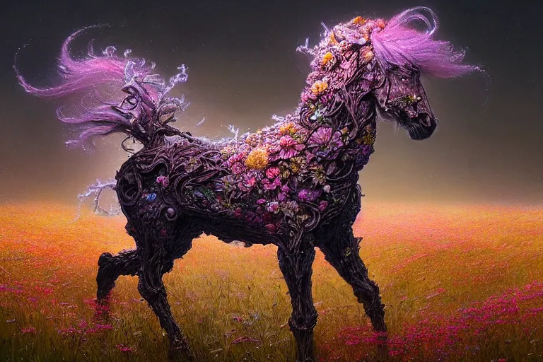 Image similar to a stunning digital painting of a horse made of intricately engraved gnarled wood with a mane of bioluminescent flowers standing in a field of flowers by greg rutkowski, flowercore, volumetric light, digital art, fine detail, photorealistic