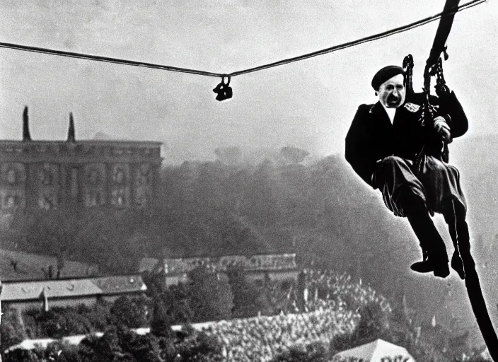 Image similar to Adolf Hitler gets stuck on a zipline at the 1936 Berlin Olympics