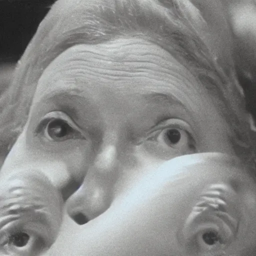 Prompt: surprised woman who has given birth to an inflatable fish, Tarkovsky film, archival footage, technicolor film expired film live-action, 16mm