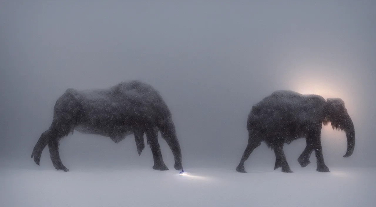 Image similar to “photo of a futurist bio-mechanical mammoth in an arctic storm, fog, snow storm, cold sunset, wind , ice, photoreal”