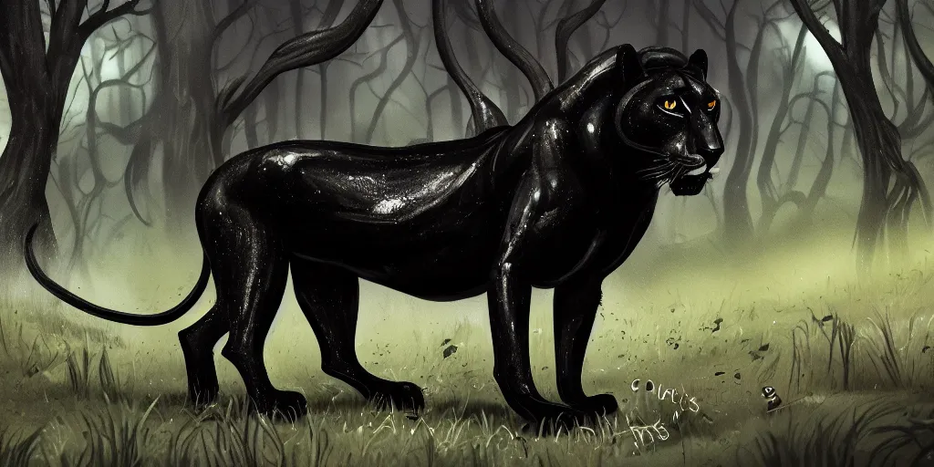 Image similar to a black lioness, made of smooth black goo, prowling through the forest, viscous, sticky, full of tar, covered with black goo. concept art, painting, animal drawing, color, savanna, wildlife photography, black goo, cinematic, in the style of cory loftis