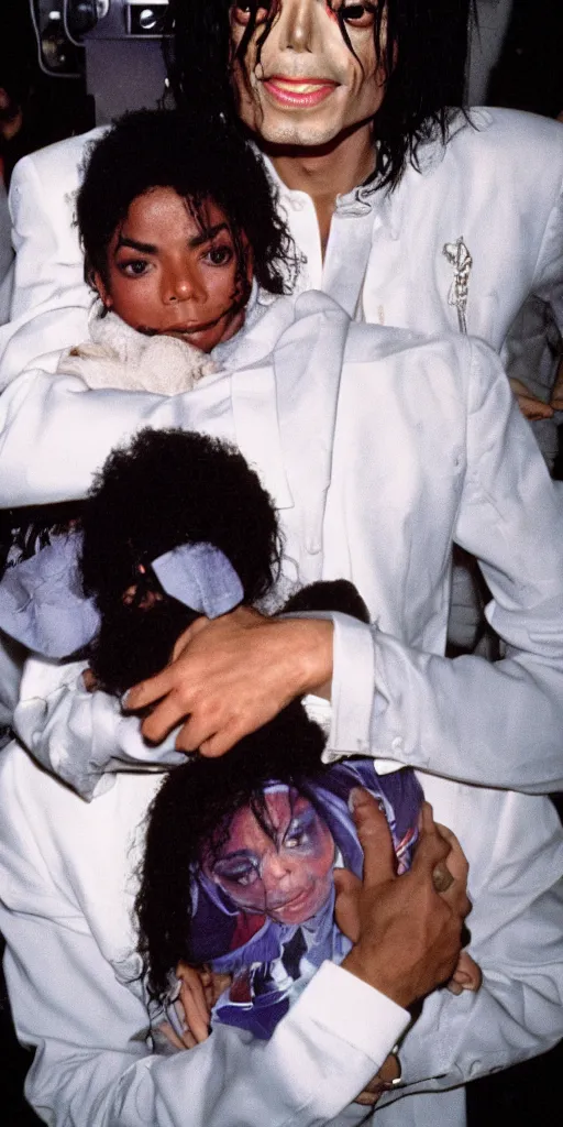 Image similar to michael jackson hugging an alien, in focus, blured background, boceh, high detail, sharp, film photography, direct flash, kodak portra 4 0 0,