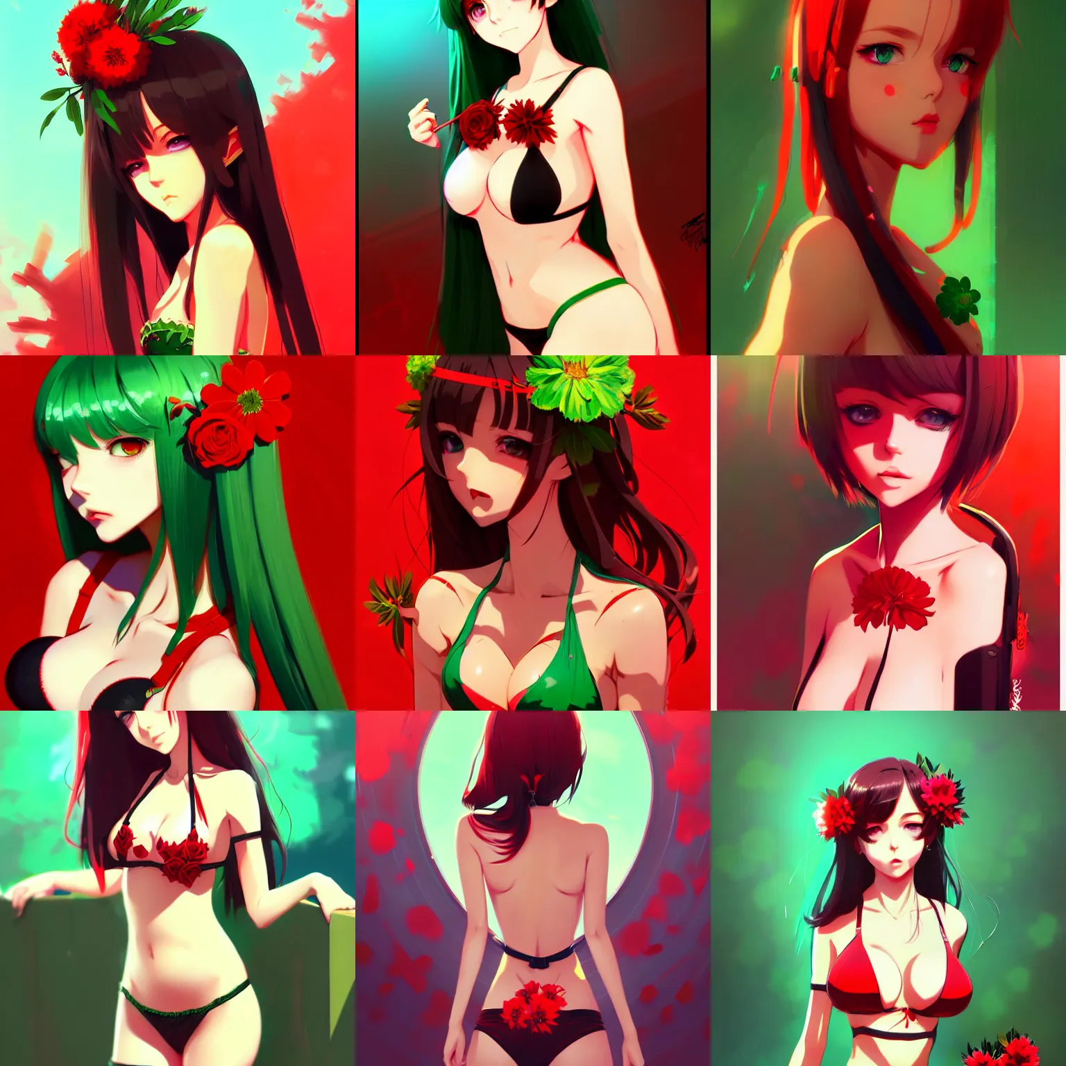 Prompt: sexy girl with green eyes, flower in her hair, wearing a bikini, red and black color palette, in the style of and ilya kuvshinov and greg rutkowski, high quality anime artstyle, intricate