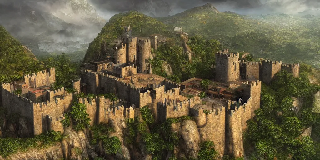 Prompt: a hyper realistic professional photographic view picture of a medieval fortress on the side of a mountain on the edge of a jungle photographic filter unreal engine 5 realistic hyperdetailed 8k ultradetail cinematic concept art volumetric lighting, fantasy artwork, very beautiful scenery, very realistic painting effect, hd, hdr, cinematic 4k wallpaper, 8k, ultra detailed, high resolution, artstation trending on artstation in the style of Albert Dros glowing rich colors powerful imagery nasa footage drone footage drone photography