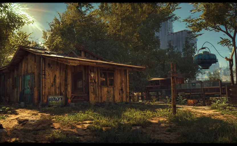 Image similar to photorealistic cyberpunk rustic metal cabin in a lush dessert oasis. daylight. sunlight. lens flare. light fixtures. 8K. detailed. photorealism. artstation. 25mm f/1.7 ASPH Lens. ultra realistic