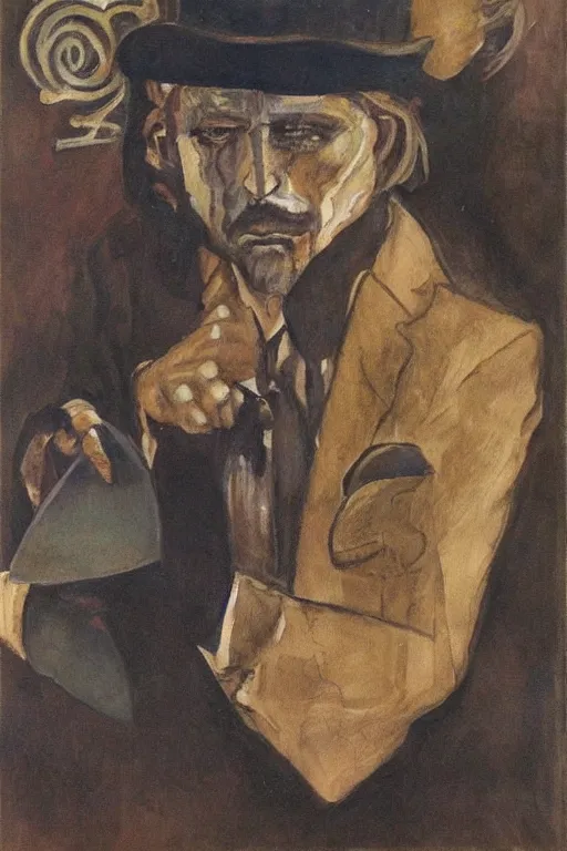 Prompt: a spirit man with fedora and a switch blade, well dressed, plays cards and composes music, a painting by Austin osman spare