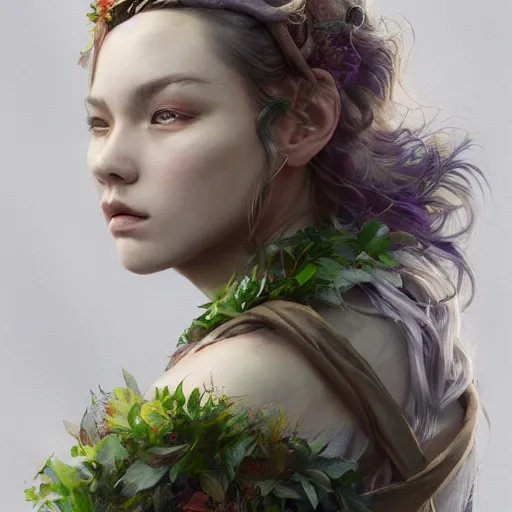 Image similar to A masterpiece portrait of a Incredibly beautiful queer druid girl . The Queen of the Forest.medium shot, intricate, elegant, highly detailed. trending on artstation, digital art, by Stanley Artgerm Lau, WLOP, Rossdraws, James Jean, Andrei Riabovitchev, Marc Simonetti, Yoshitaka Amano