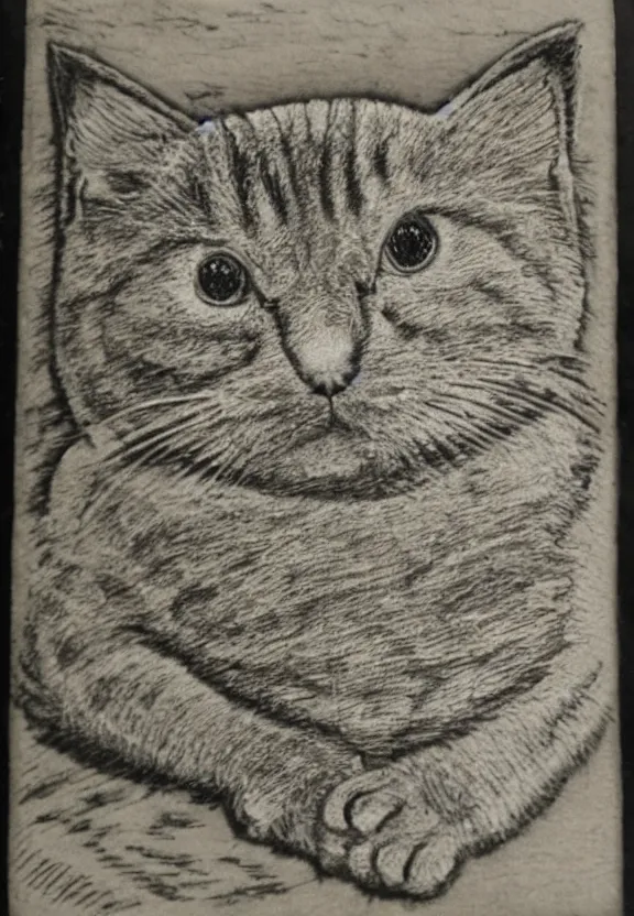 Prompt: woodblock etch of the most chubby cute cat ever, this cute chunky monster has rolls, epic cat